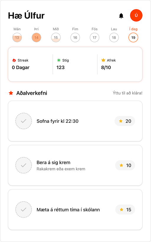 Heimaskjár barns með dagatali, streak, stigum og afrekum
